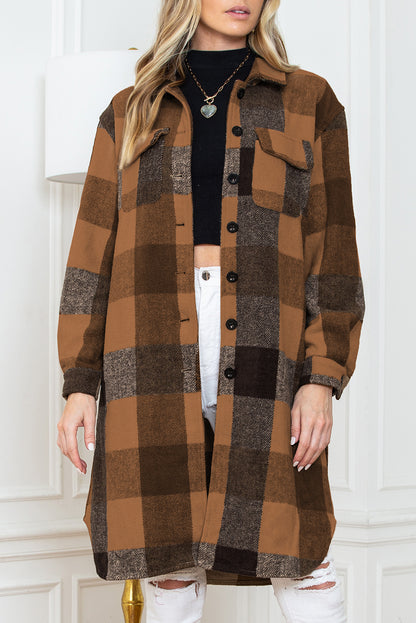 Khaki Plaid Colorblock Button Down Flap Pocket Long Shacket