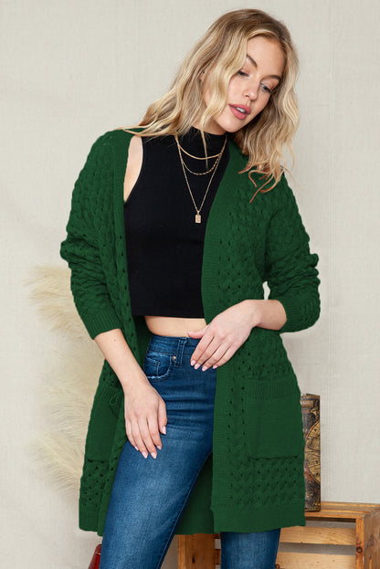 Brown Woven Texture Open Front Pockets Knit Cardigan