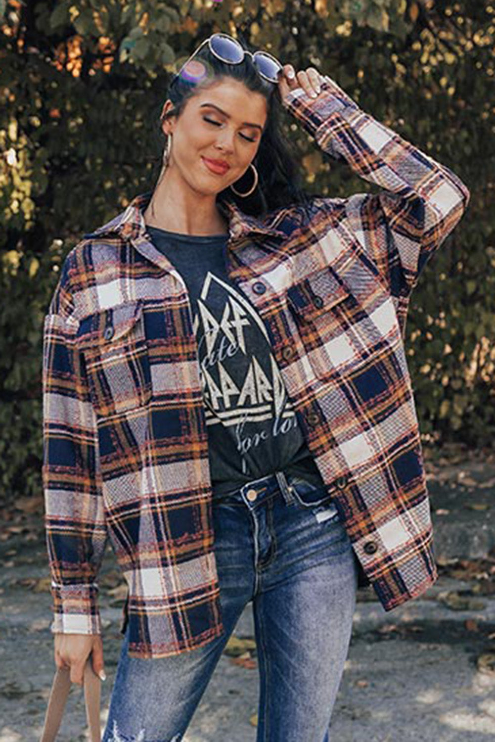 Dark Blue Oversized Flap Pockets Plaid Shacket with Slits