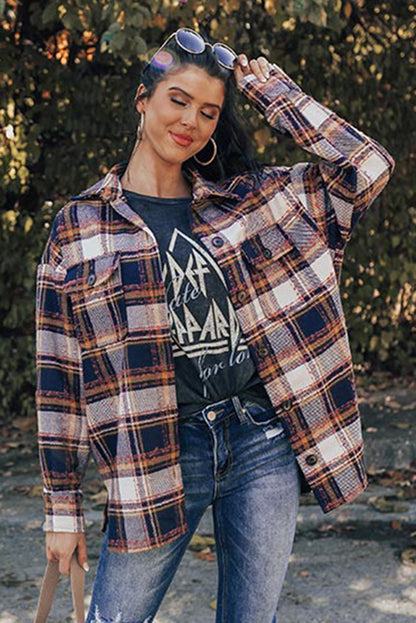 Dark Blue Oversized Flap Pockets Plaid Shacket with Slits