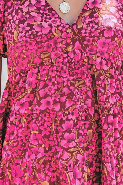 Floral Print Tiered Ruffle Sleeve V Neck Boho Top