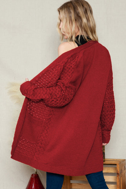 Brown Woven Texture Open Front Pockets Knit Cardigan