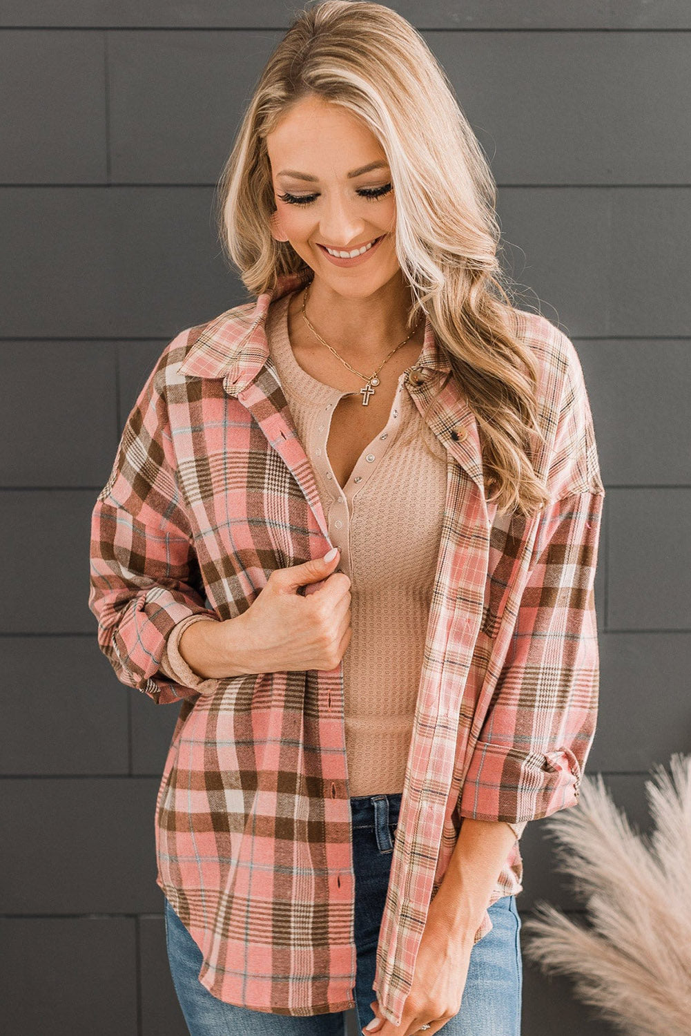 Orange Drop Shoulder Rounded Hem Plaid Pattern Shirt
