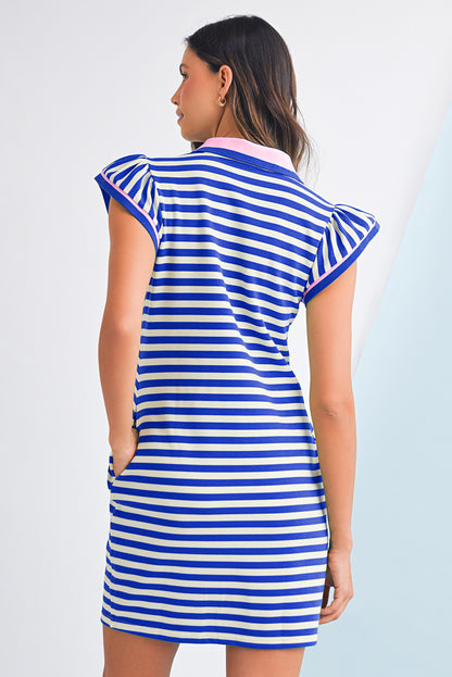 Sachet Pink Striped Ruffle Short Sleeve Pop of Color Neckline Dress