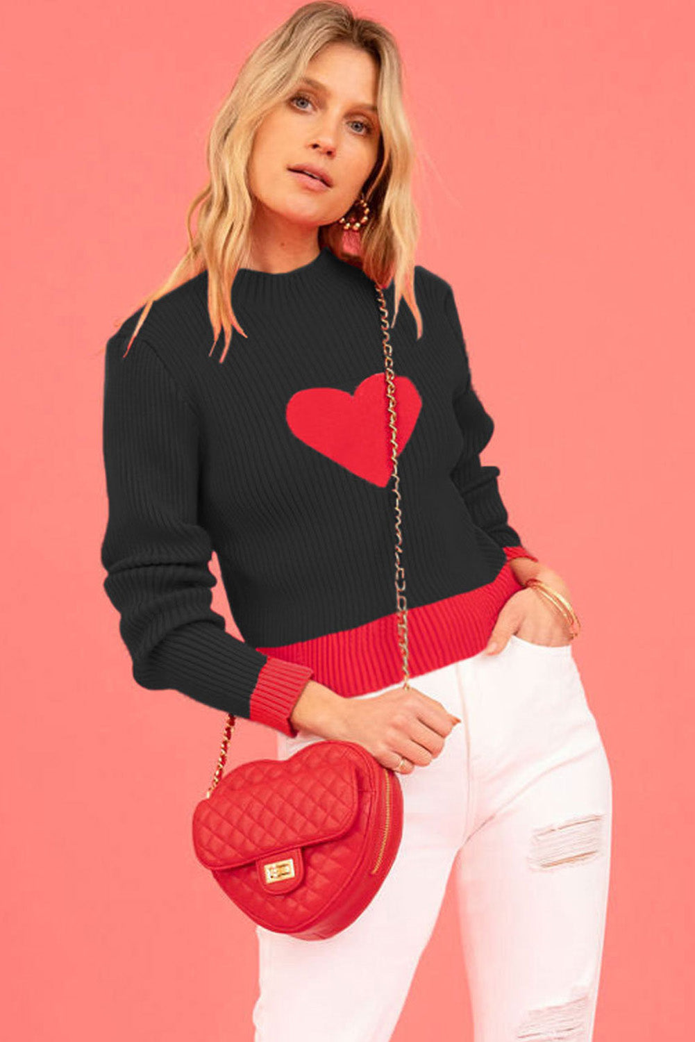 Valentine Colorblock Heart Print Ribbed Sweater