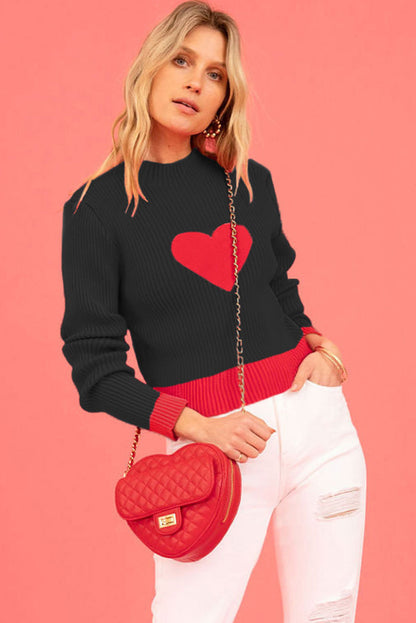 Valentine Colorblock Heart Print Ribbed Sweater