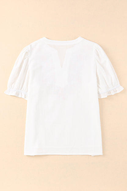 Floral Embroidered Boho Ruffle Puff Sleeve Blouse