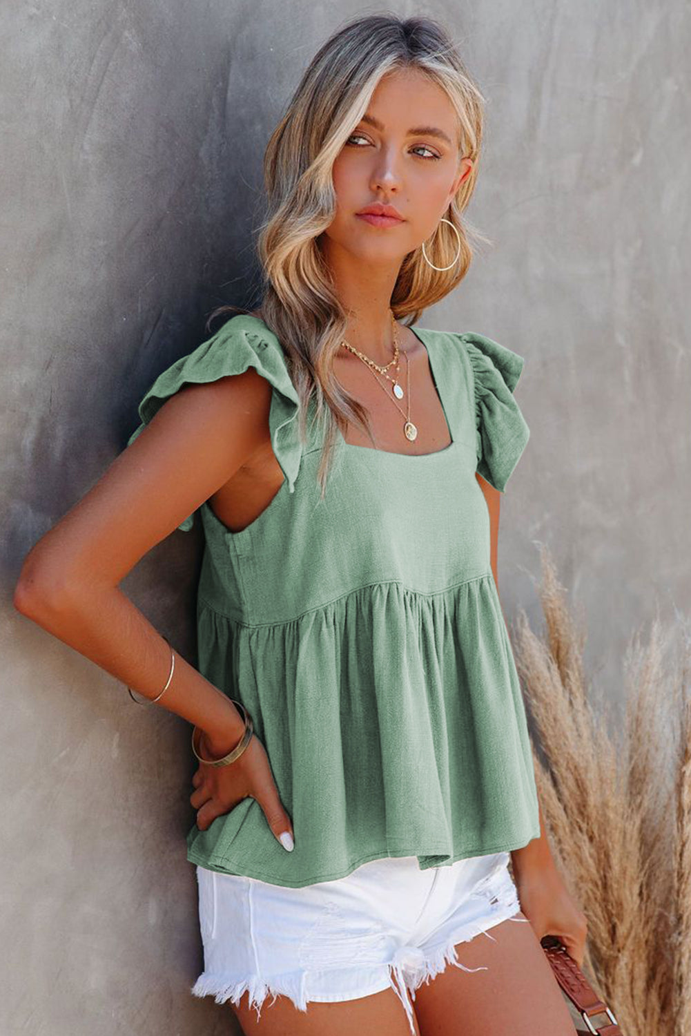 Casual Flutter Shoulder Babydoll Sleeveless Shirt