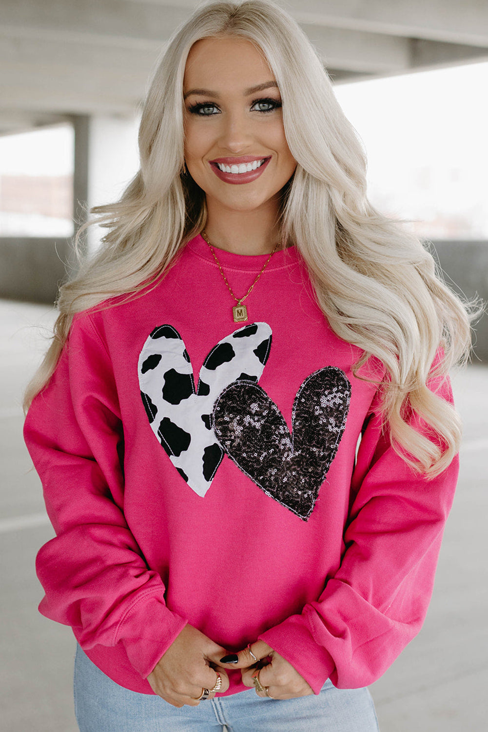 Strawberry Pink Graphic Sequins Heart Patch Sweatshirt