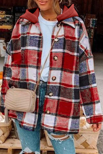 Plaid Button Front Drop Sleeve Hooded Shacket