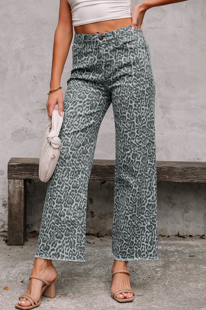 Rose Leopard Frayed Edge Wide Leg High Waist Jeans