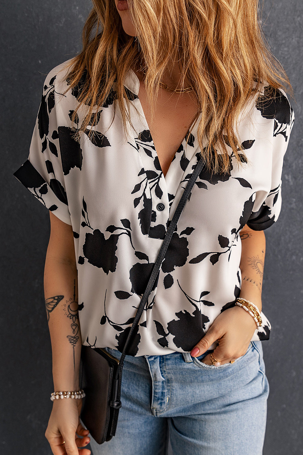 Floral Print Casual Roll Up Sleeve Blouse