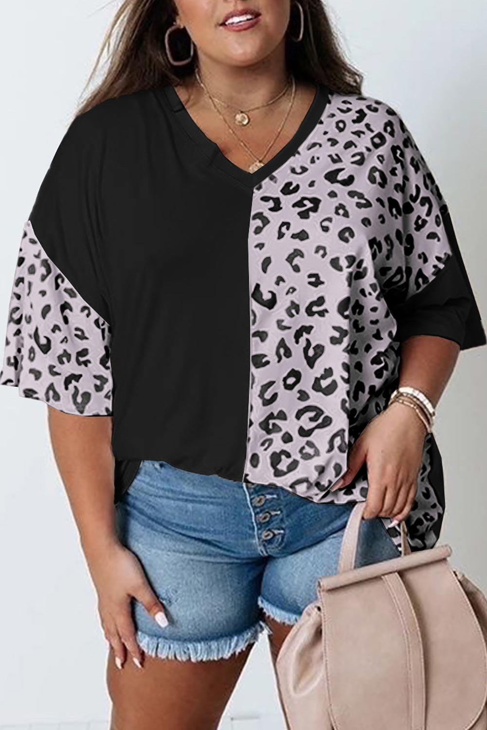 Leopard Patchwork Short Sleeve Plus Size Top