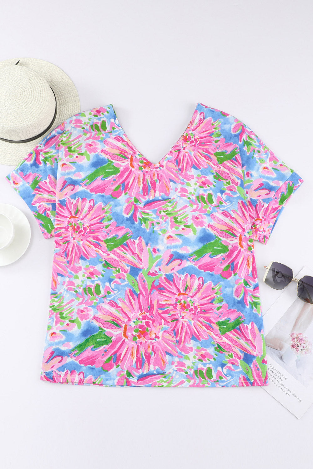 Abstract Floral Print Split V Neck Short Sleeve Blouse