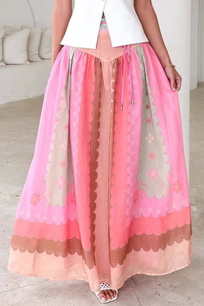 Pink Floral Colorblock Tie High Waist Maxi Skirt