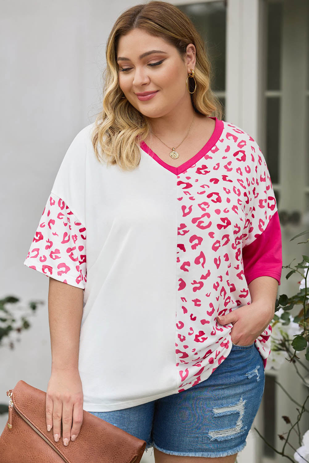 Leopard Patchwork Short Sleeve Plus Size Top