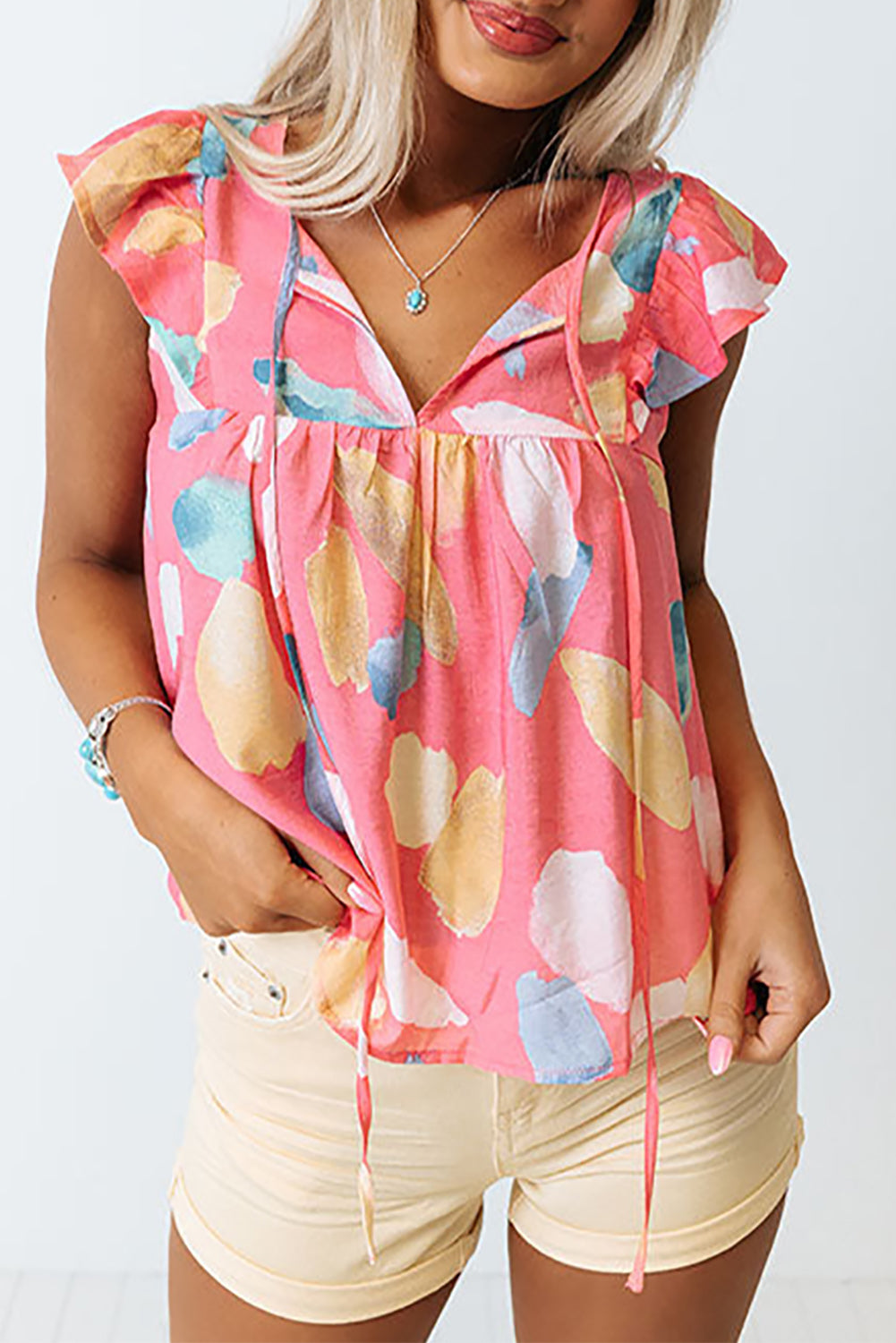 Light Blue Abstract Colorblock Ruffle Sleeveless Blouse