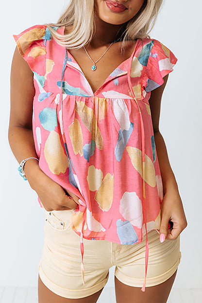 Light Blue Abstract Colorblock Ruffle Sleeveless Blouse