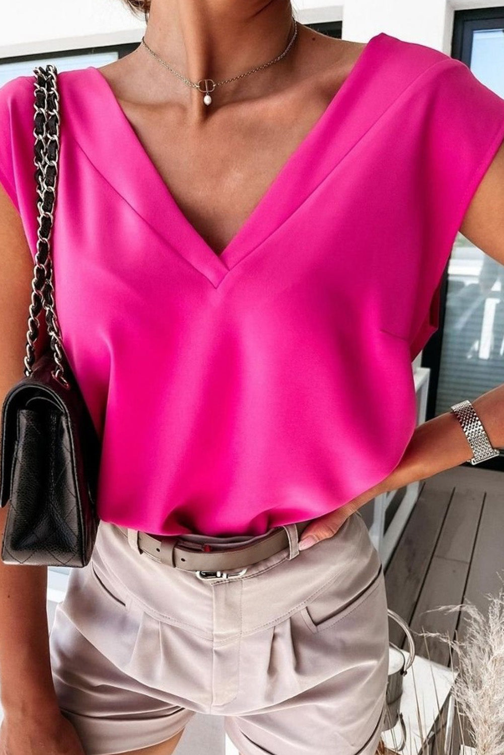 Pleated Backless V Neck Sleeveless Shirt