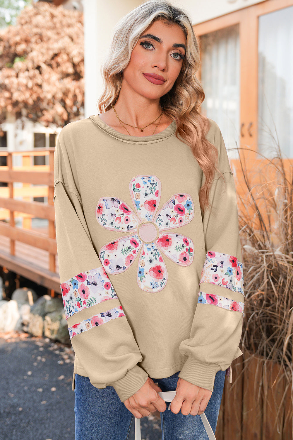 Peach Blossom Flower Applique Patchwork Drop Sleeve Pullover Sweatshirt