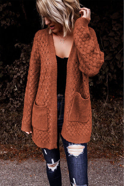 Brown Woven Texture Open Front Pockets Knit Cardigan