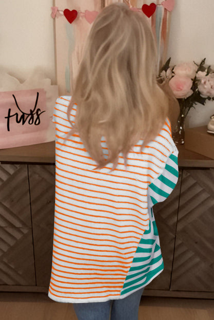Striped Patchwork Slits Baggy T Shirt