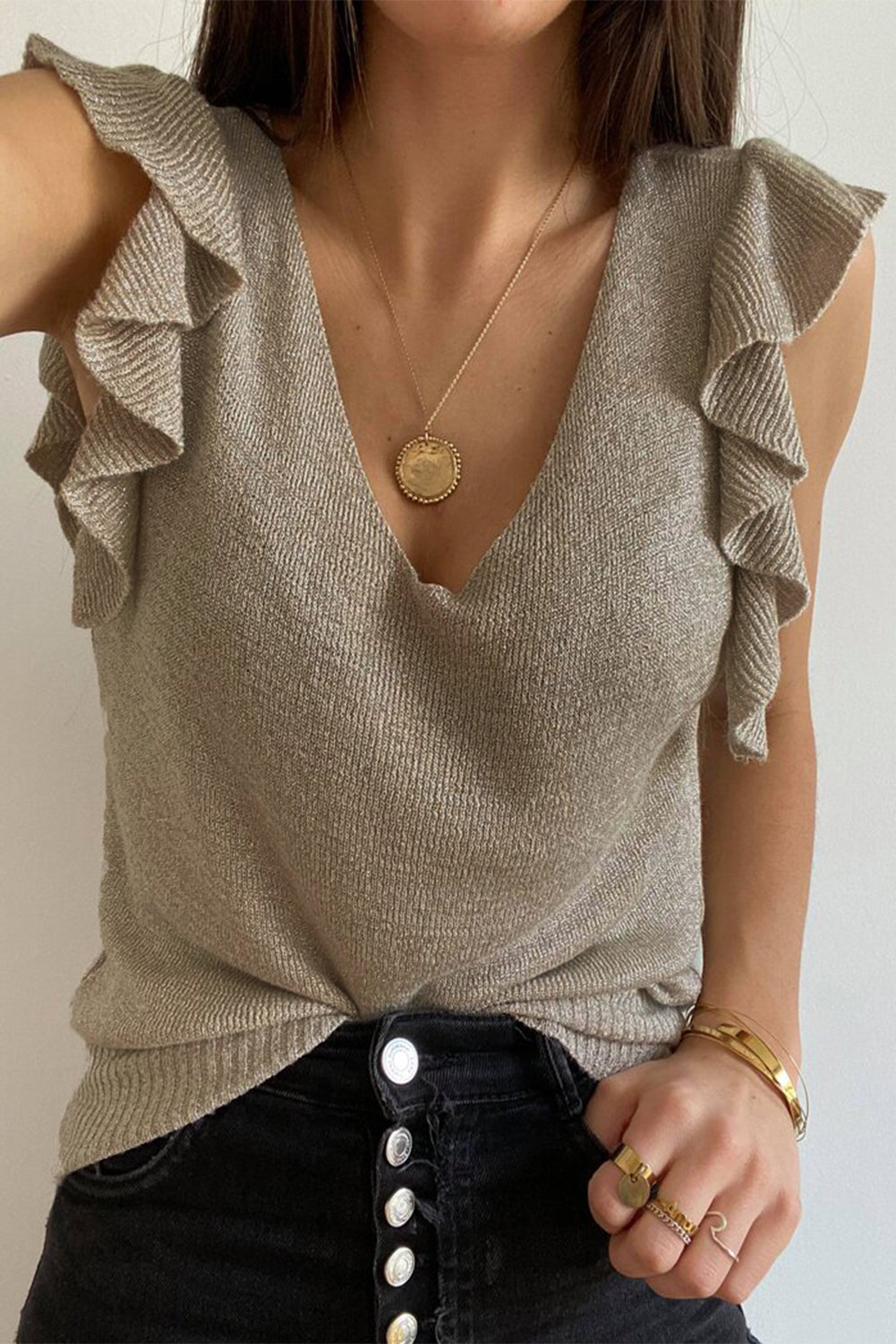 Khaki Ruffle V Neck Casual Sleeveless Knit Top
