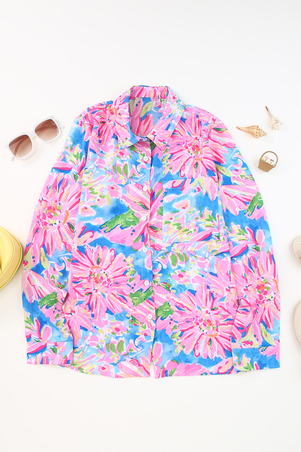 Abstract Floral Print Split V Neck Short Sleeve Blouse