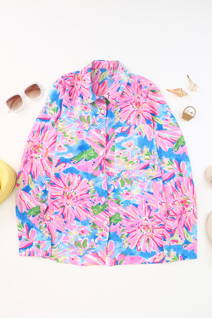 Abstract Floral Print Split V Neck Short Sleeve Blouse