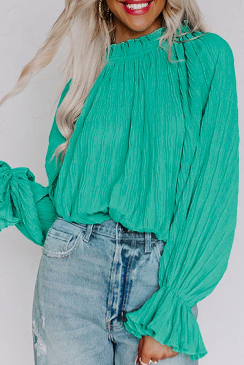 Black Crinkle Frilled Neck Pleated Long Sleeve Blouse