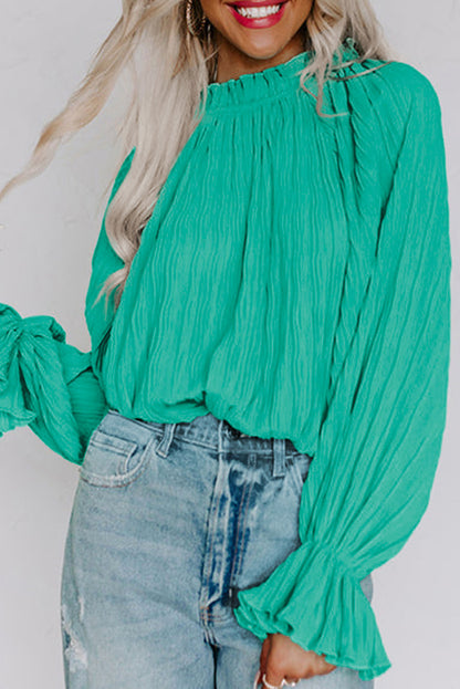 Black Crinkle Frilled Neck Pleated Long Sleeve Blouse