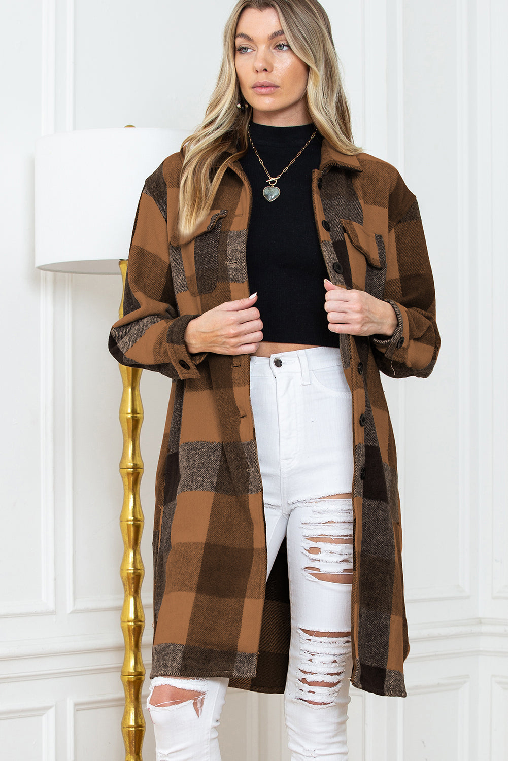 Khaki Plaid Colorblock Button Down Flap Pocket Long Shacket