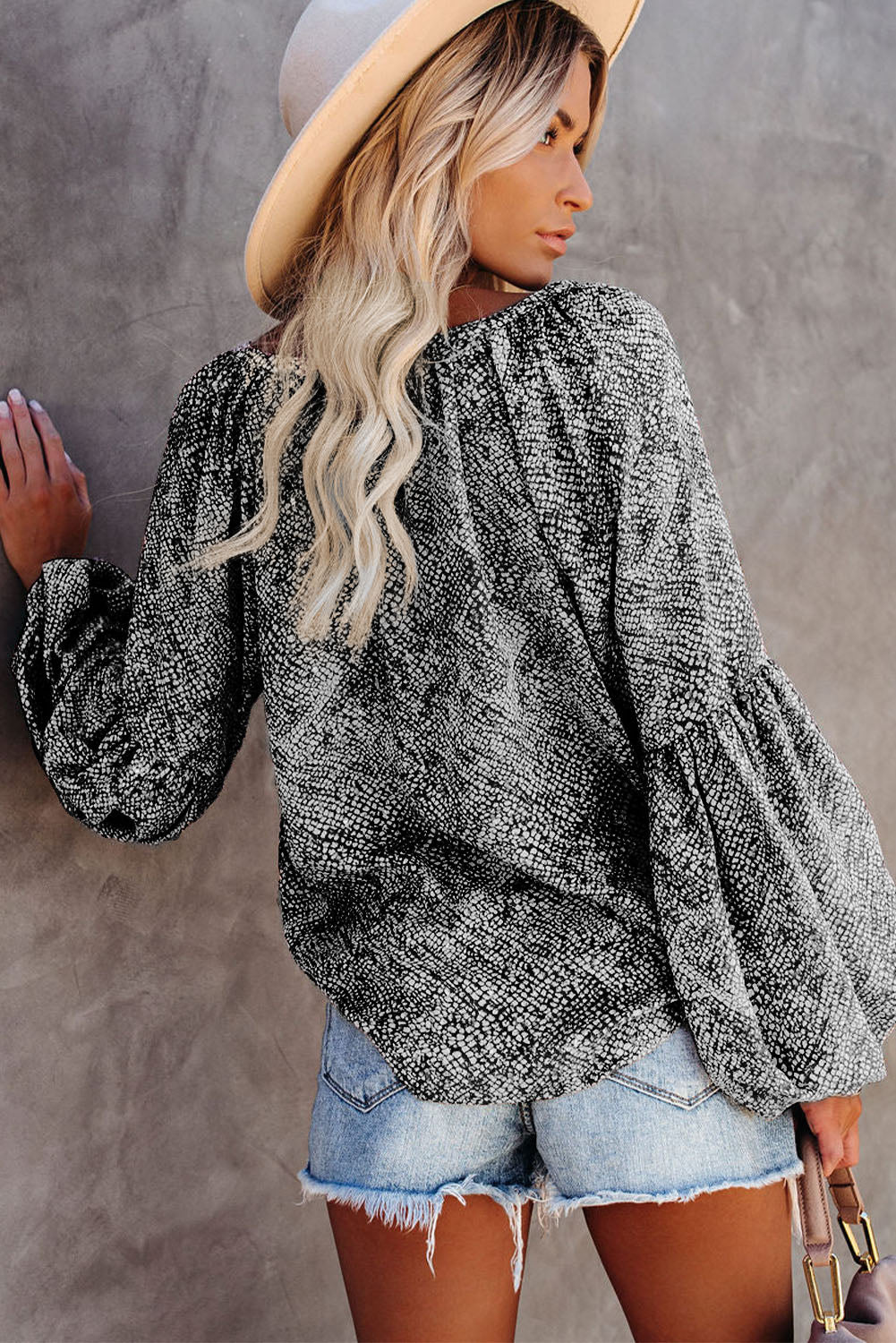 Abstract Print Pleated Lantern Sleeve Split V Neck Blouse