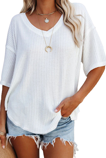 Rose Exposed Seam Drop Sleeve V Neck Waffle Textured Top
