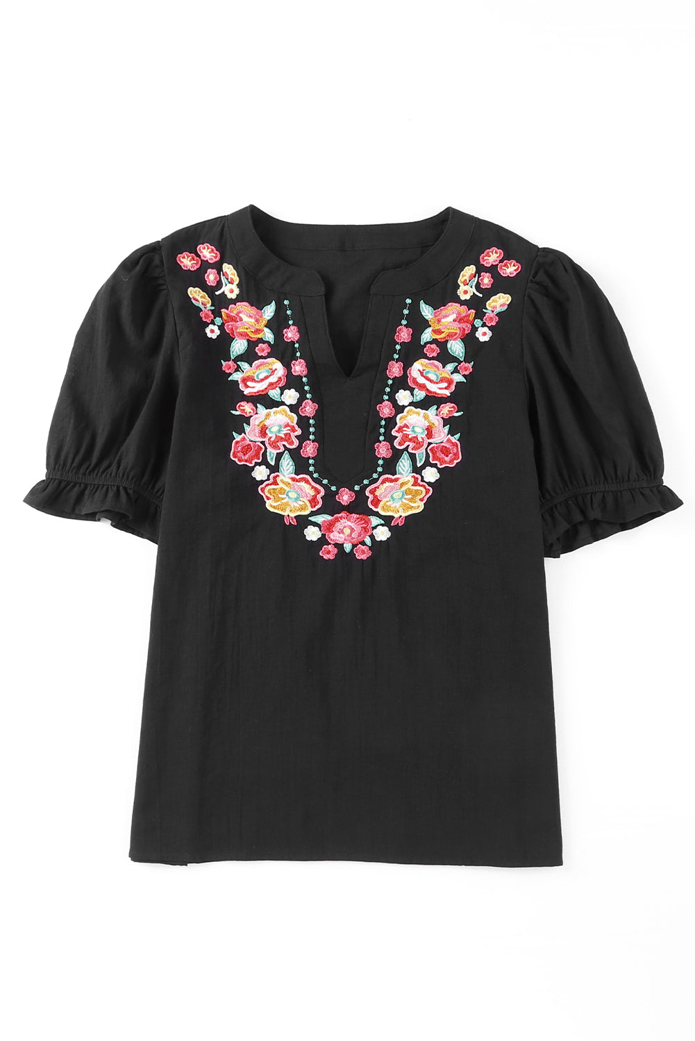 Floral Embroidered Boho Ruffle Puff Sleeve Blouse