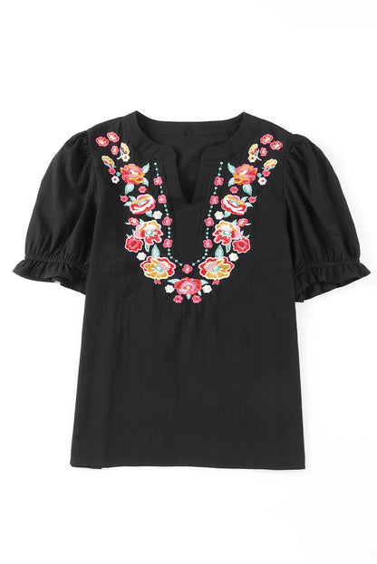 Floral Embroidered Boho Ruffle Puff Sleeve Blouse