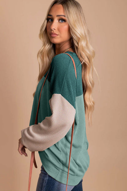 Dark Green Color Block Cording Loose Long Sleeve Top