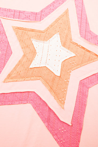 Light Pink Eyelet Colorblock Star Applique Plus Size T Shirt