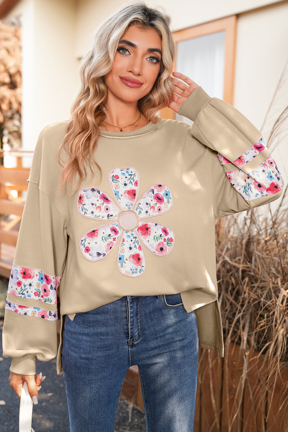 Peach Blossom Flower Applique Patchwork Drop Sleeve Pullover Sweatshirt