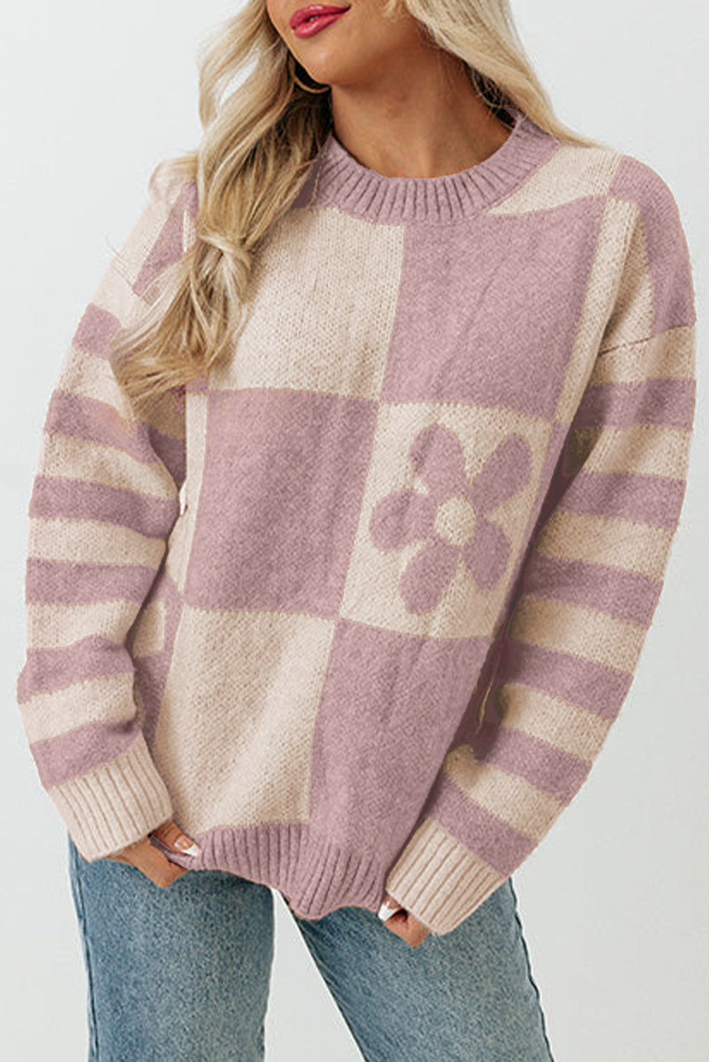 Orchid Petal Checkered and Striped Knitted Sweater