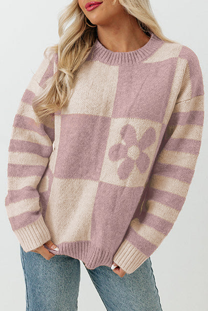 Orchid Petal Checkered and Striped Knitted Sweater