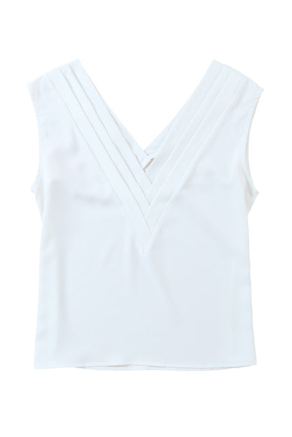Pleated Backless V Neck Sleeveless Shirt
