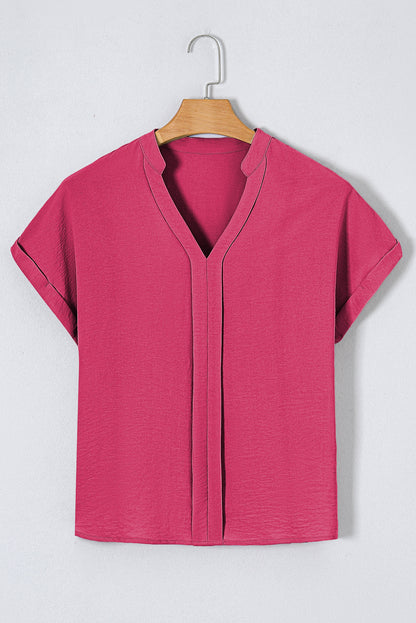 Rose Red Notched Neck Batwing Sleeve Blouse