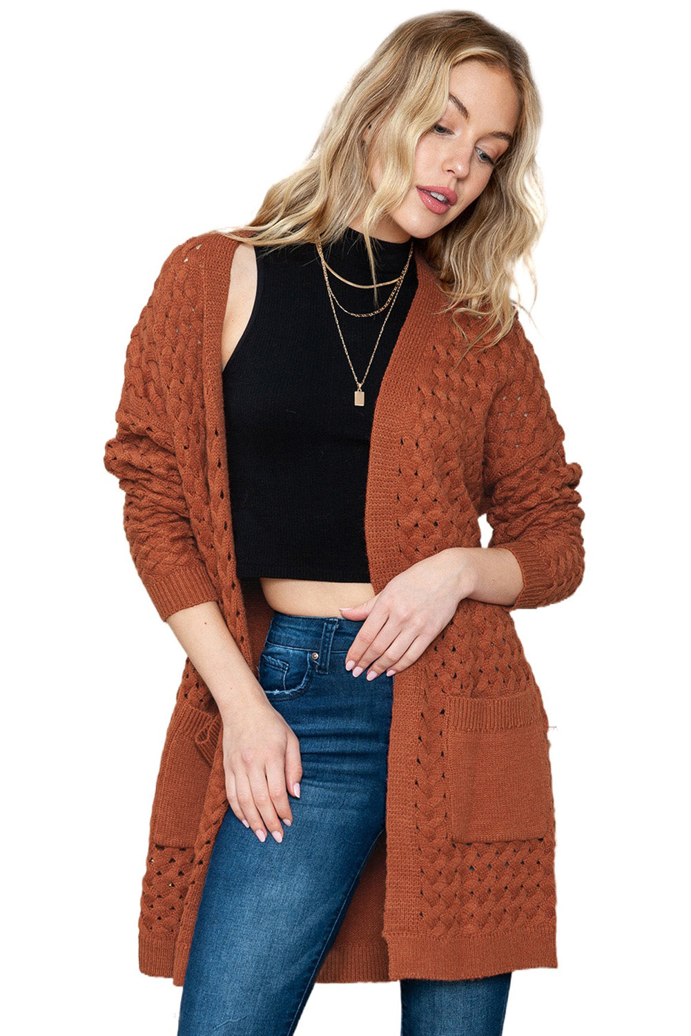 Brown Woven Texture Open Front Pockets Knit Cardigan