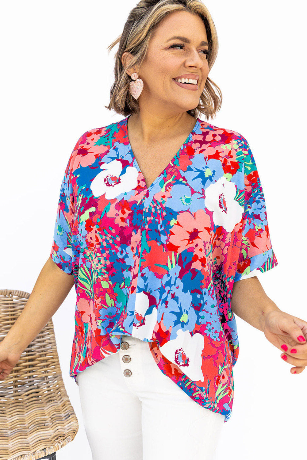 Multicolor V Neck Dolman Sleeve Plus Size Floral Blouse