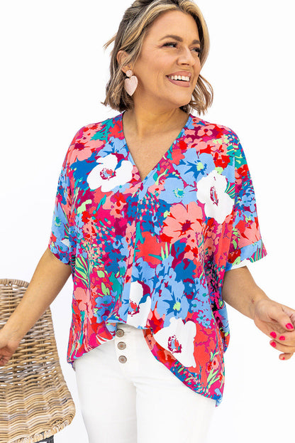 Multicolor V Neck Dolman Sleeve Plus Size Floral Blouse