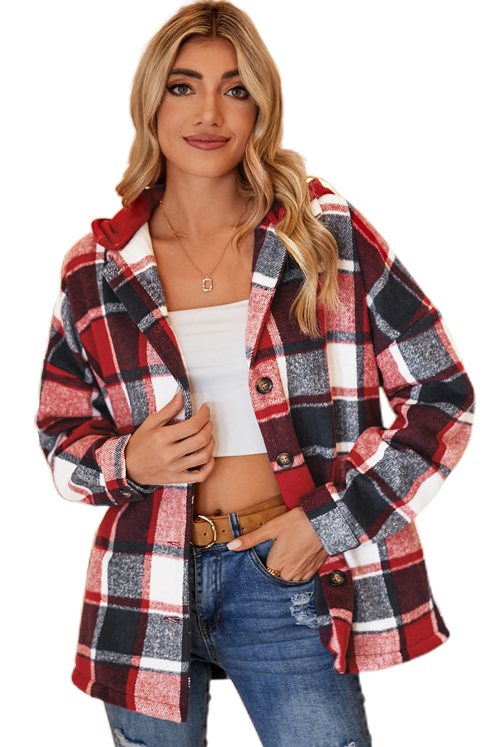 Plaid Button Front Drop Sleeve Hooded Shacket