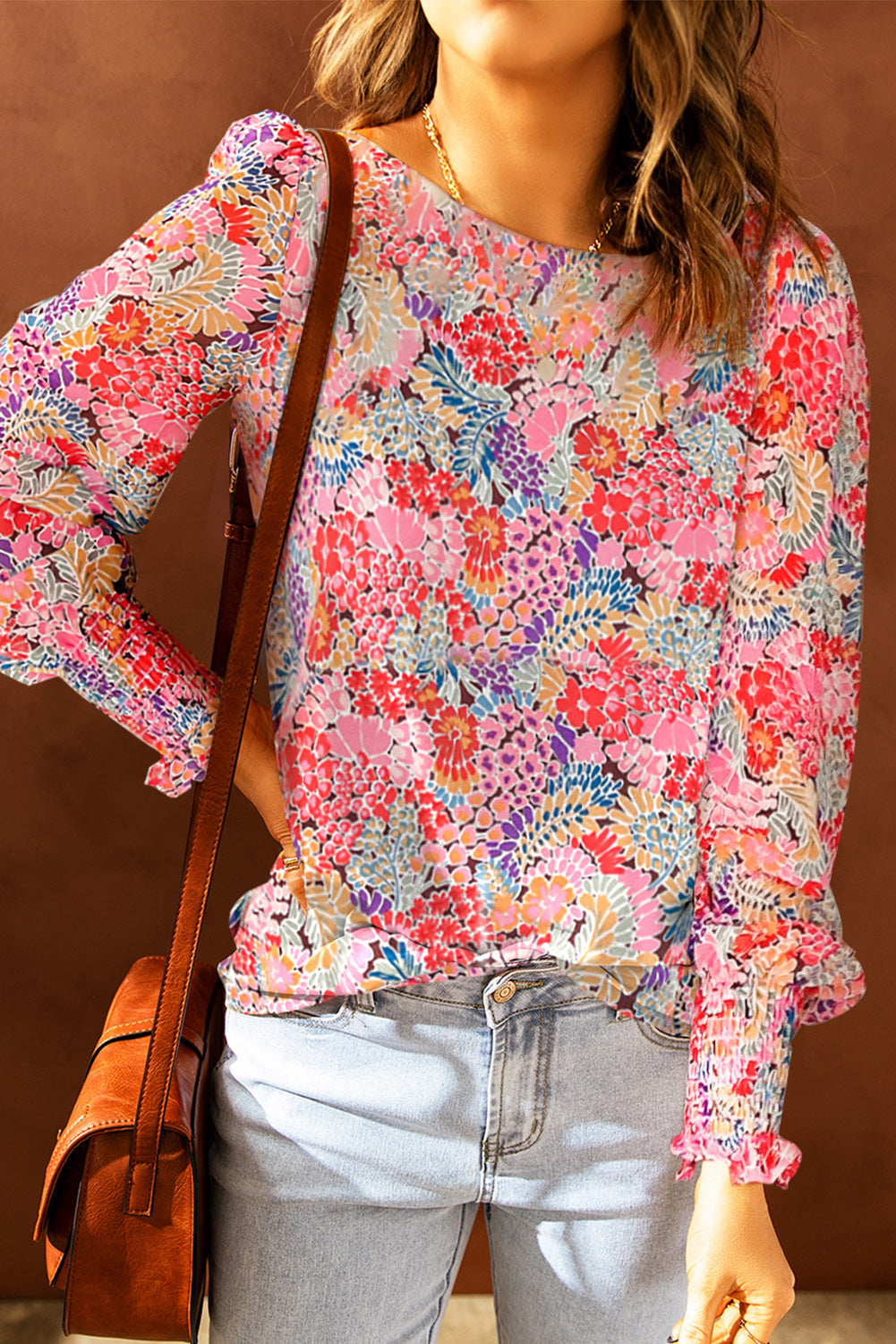 Multicolor Floral Print Smocked Cuffs Long Sleeve Blouse