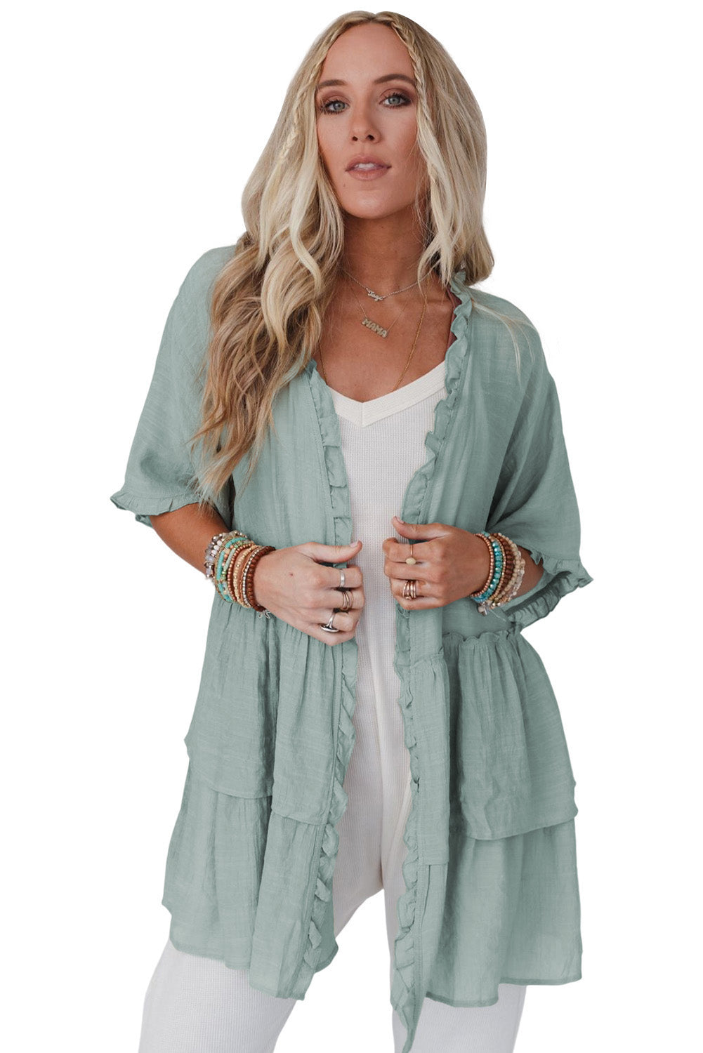Green Ruffled Trim Short Sleeve Open Front Kimono