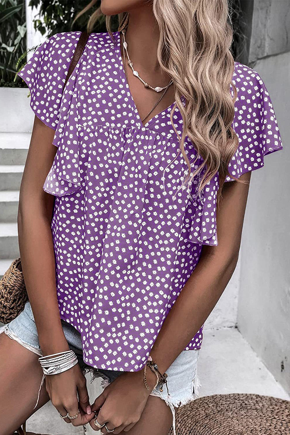 Blue Floral Print V Neck Ruffle Sleeve Blouse